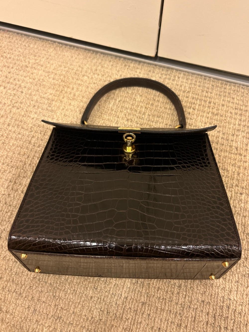 Vtg Celine logo ring dark brown Croc-Embossed exotic skin Top Handle Bag purse - Picture 7 of 16